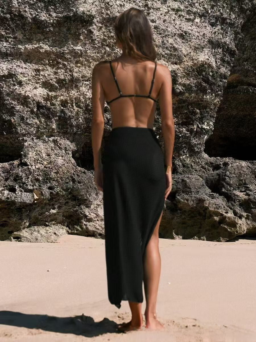 ROVIKNA new three-dimensional flower beach skirt solid color seaside vacation dress bikini swimsuit women