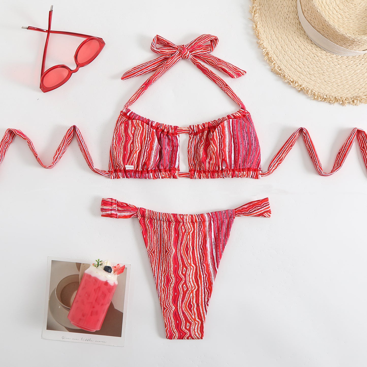 Split print neck double-sided bikini swimsuit