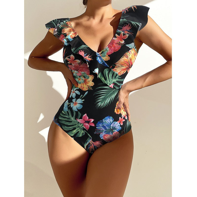 Fashion Printed Swimsuit Women's One-Piece Swimsuit Ruffle Leaf Beachwear