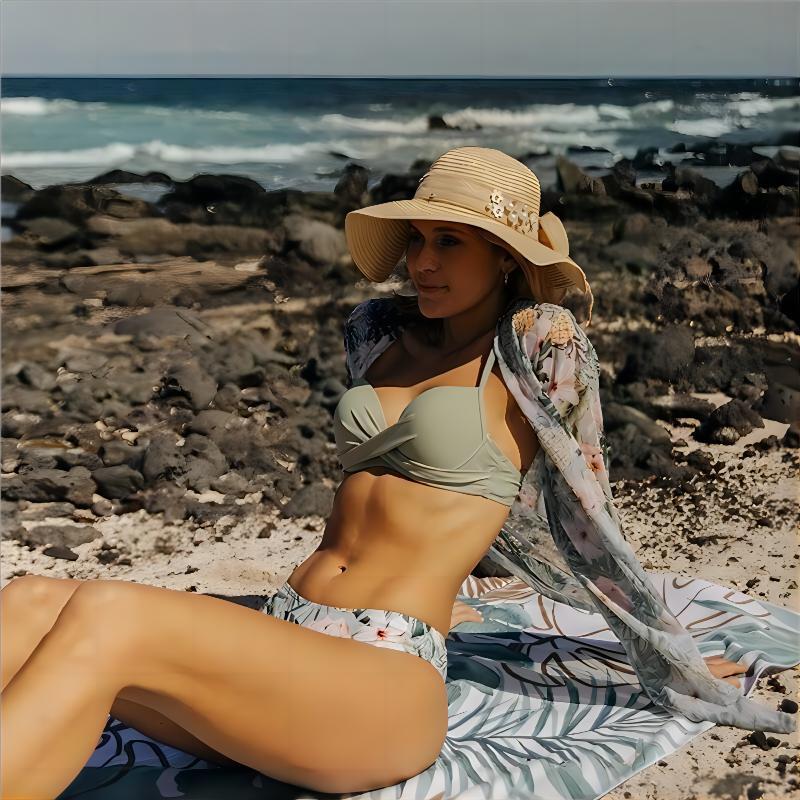 Rovikna Women's Floral Print Three-Piece Bikini Set with Cover-Up