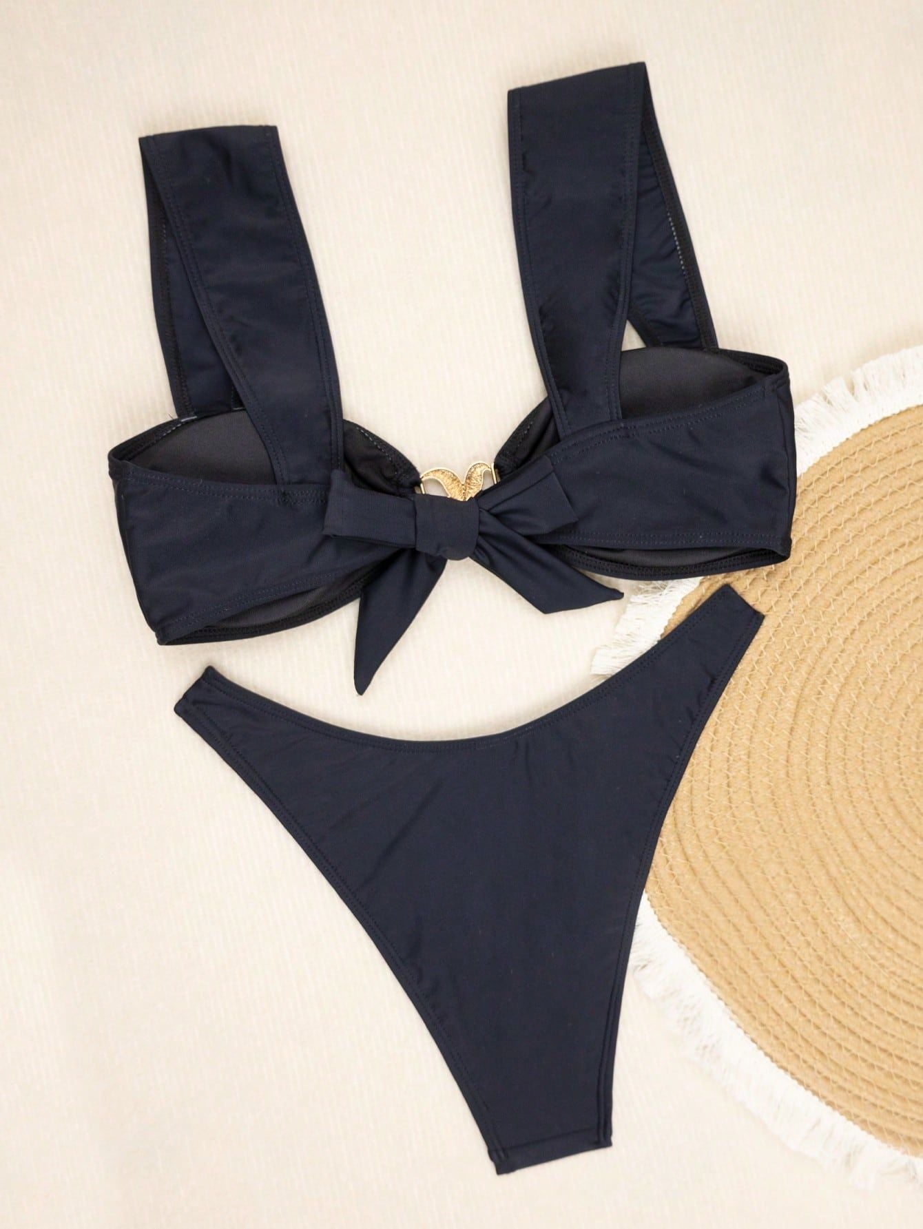 ROVIKNA 2025 new swimsuit women's metal decorative bikini swimsuit solid color wide shoulder strap sexy split swimsuit