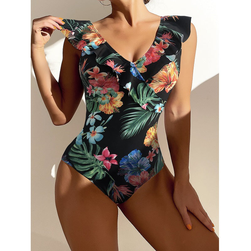 Fashion Printed Swimsuit Women's One-Piece Swimsuit Ruffle Leaf Beachwear