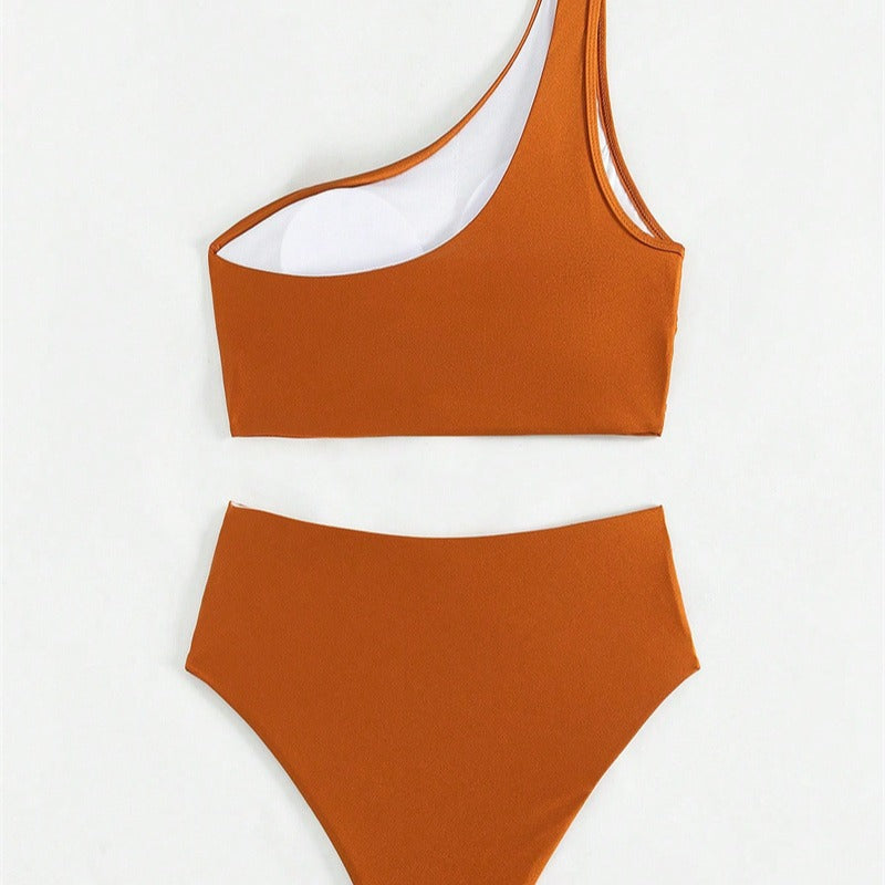 ROVIKNA 2025 new solid color pleated split swimsuit female sexy one shoulder beautiful back bikini bikini