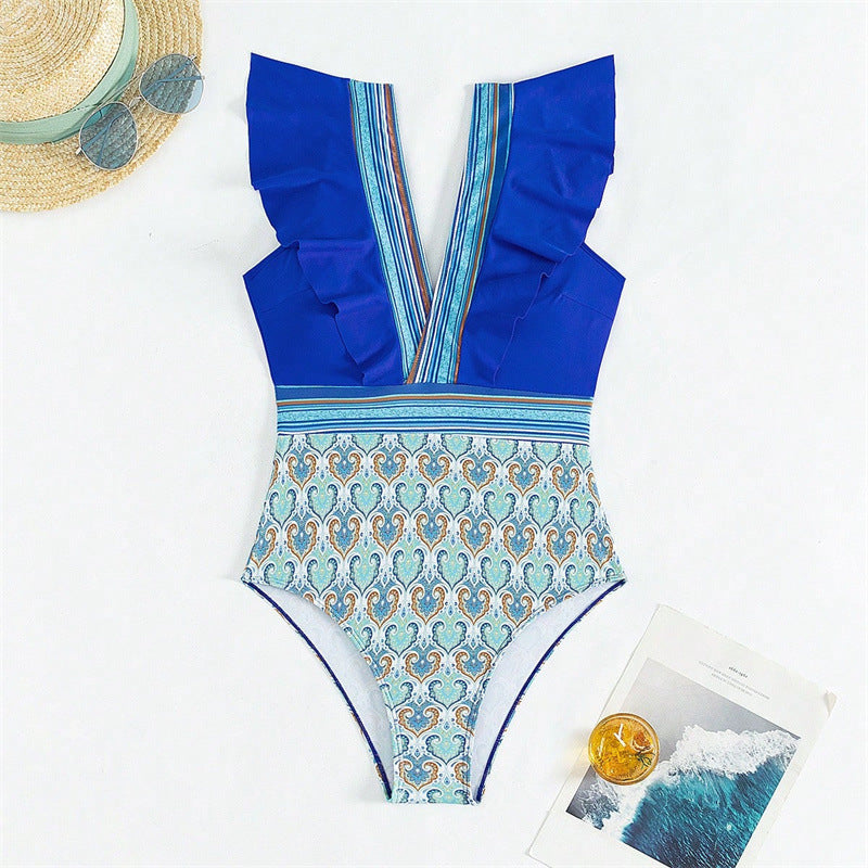 ROVIKNA 2025 new one-piece swimsuit women, sexy V-neck ruffle edge backless bikini swimsuit