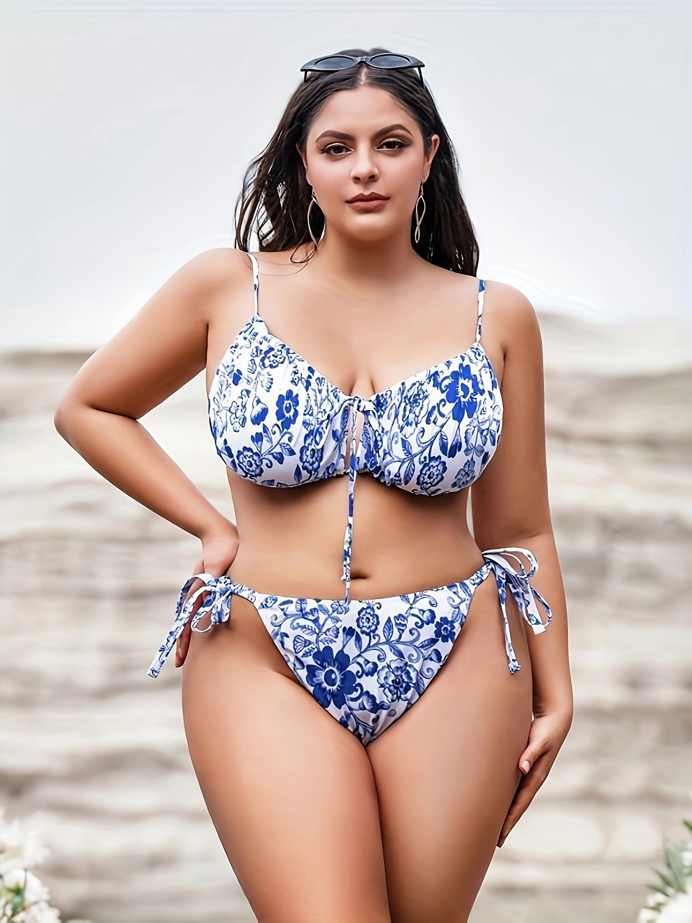 Rovikna Plus Size Floral Print Bikini Set - Adjustable Halter Top & Bottoms