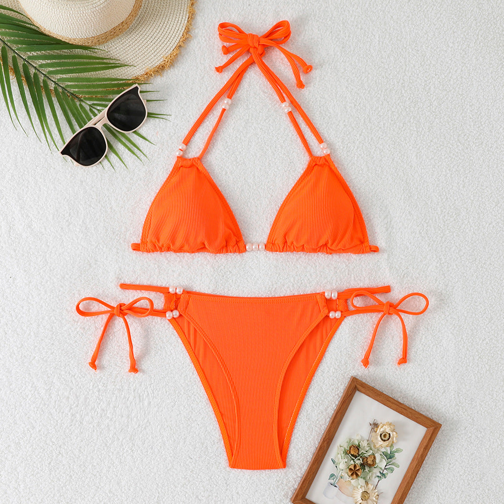 Rovikna Women's Pearl Accented Halter Bikini Set