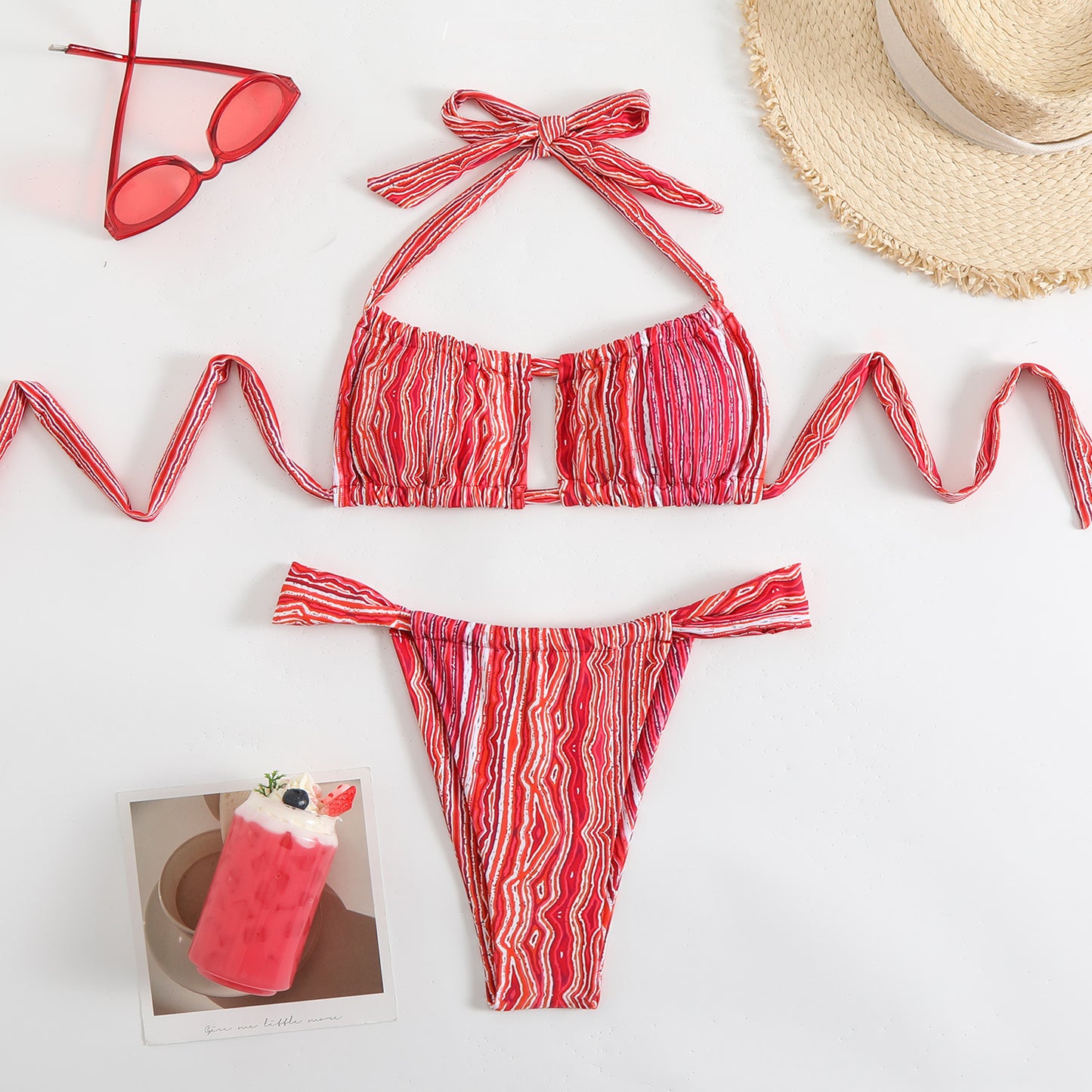 Split print neck double-sided bikini swimsuit