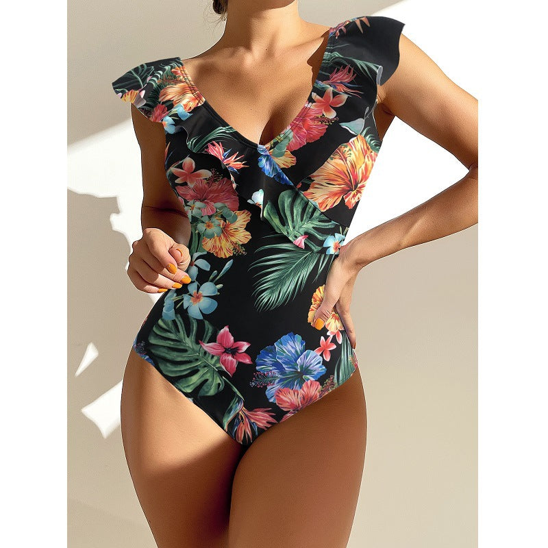 Fashion Printed Swimsuit Women's One-Piece Swimsuit Ruffle Leaf Beachwear