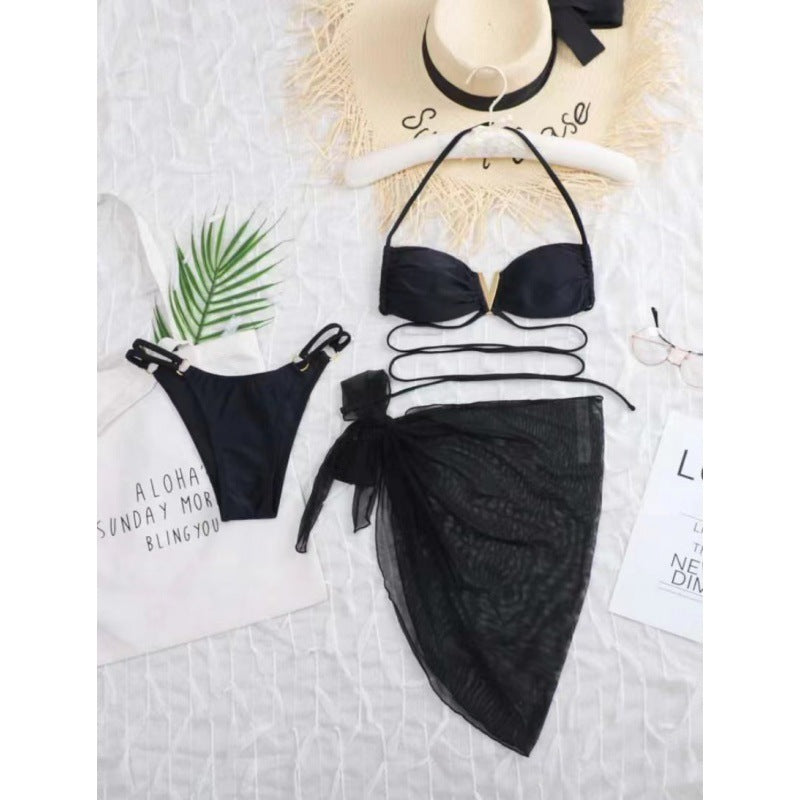 Women's Chic Black Bikini Set with Sarong