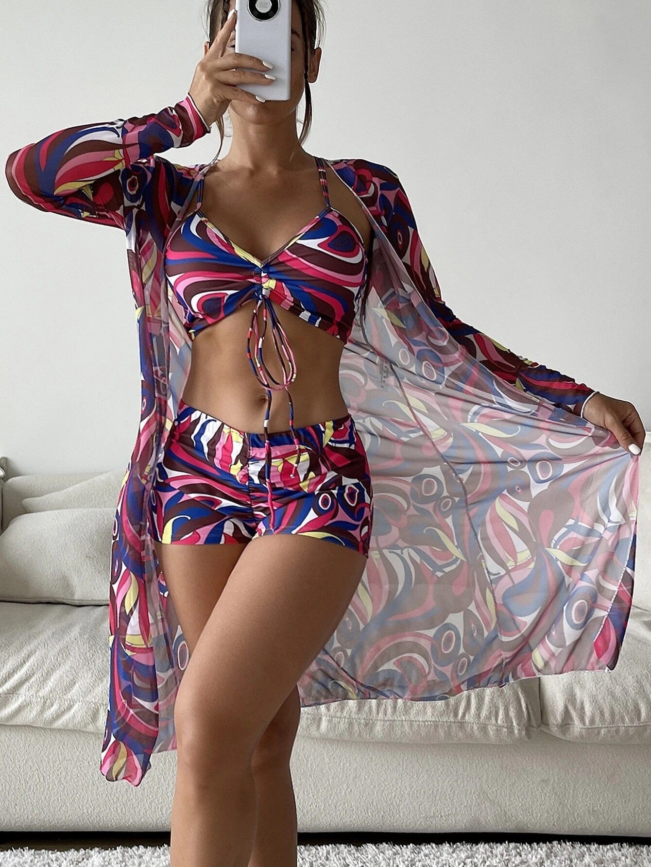 Rovikna 2025 new bikini three-piece digital printing overalls swimsuit Women's Floral Print Three-Piece Swimsuit Set with Cover-Up