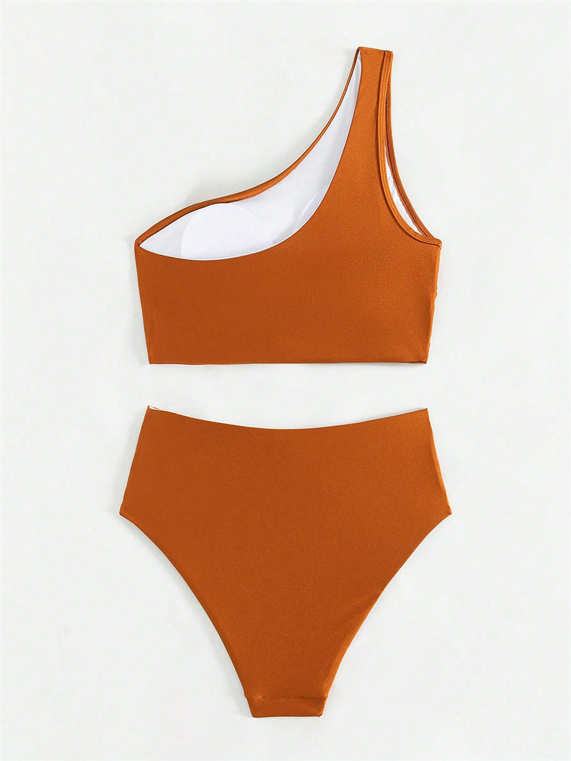 ROVIKNA 2025 new solid color pleated split swimsuit female sexy one shoulder beautiful back bikini bikini