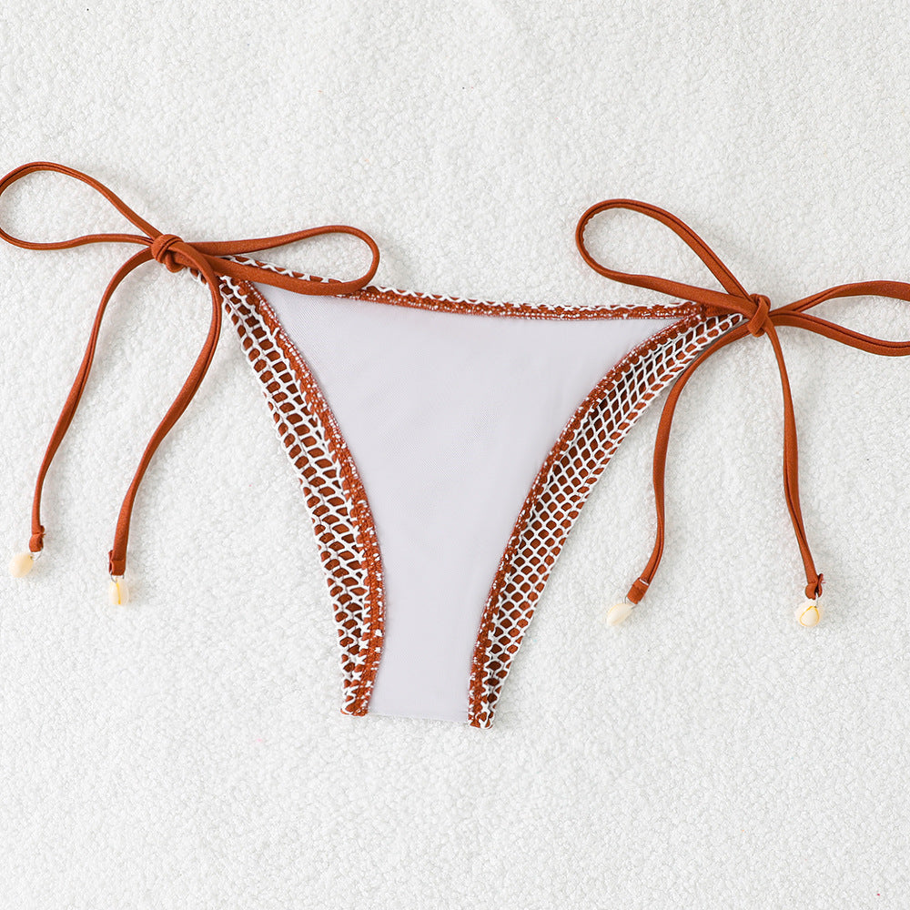ROVIKNA 2025 new mesh sexy strap bikini split women's swimsuit neck shell decoration