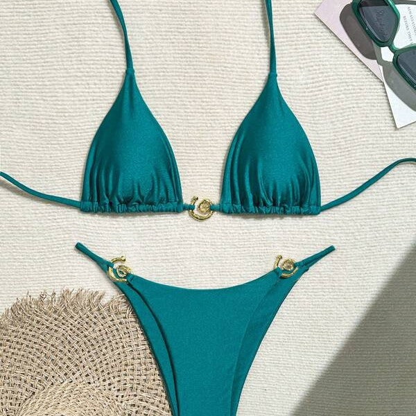 ROVIKNA 2025 new bikini metal ring fine flash premium sexy split bikini solid color swimsuit