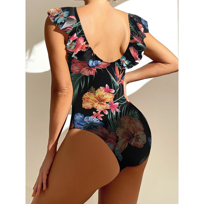 Fashion Printed Swimsuit Women's One-Piece Swimsuit Ruffle Leaf Beachwear