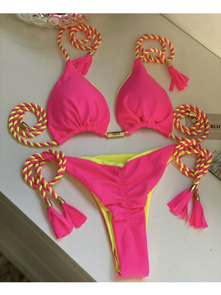 ROVIKNA Women's Colorful Push-Up Bikini Set with Adjustable Straps
