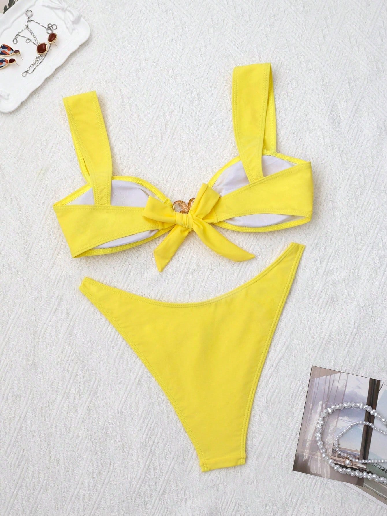 ROVIKNA 2025 new swimsuit women's metal decorative bikini swimsuit solid color wide shoulder strap sexy split swimsuit