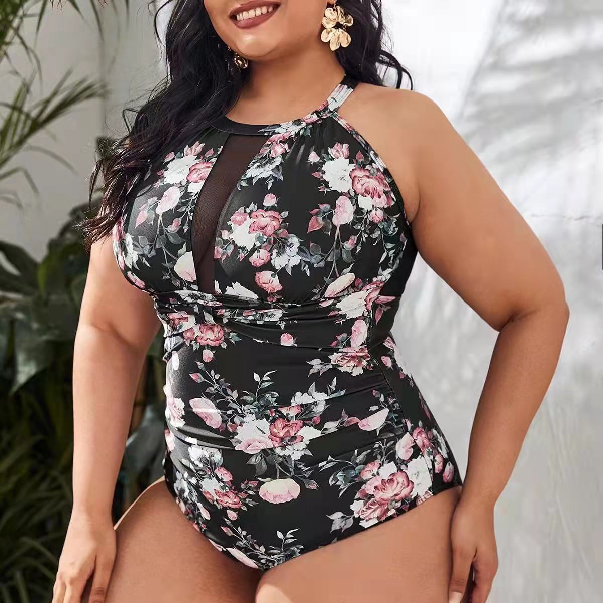 ROVIKNA Plus Size Floral Print Halterneck Swimsuit with Padded Cups