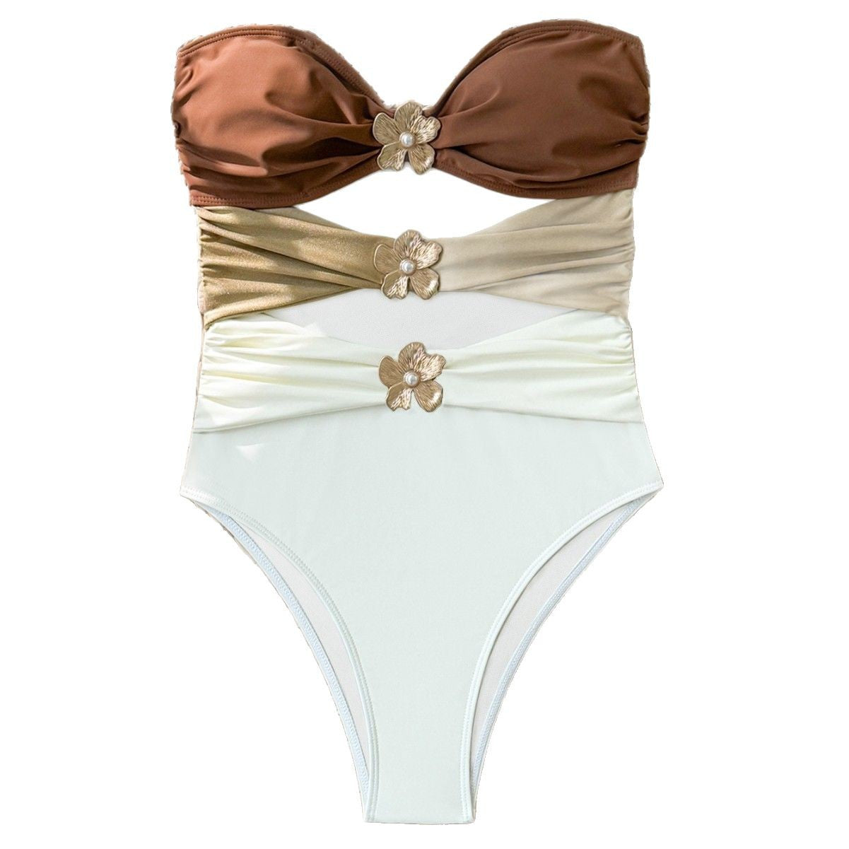 ROVIKNA 2025 new one-piece bikini hollow swimsuit female sexy back printing tube top metal decoration