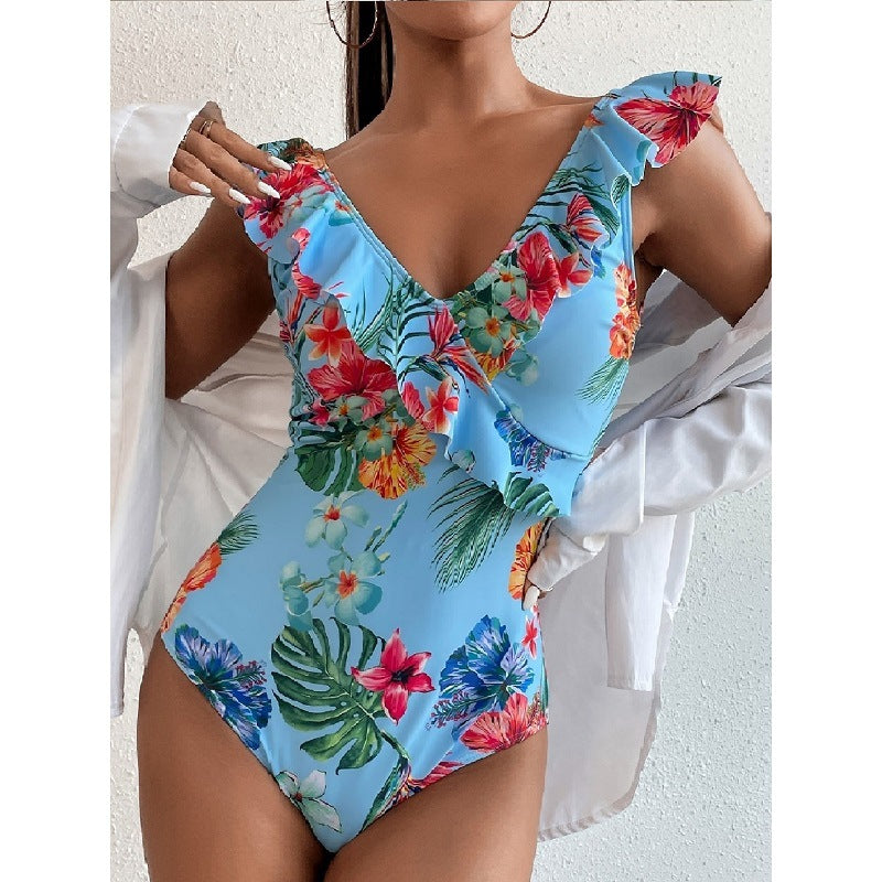 Fashion Printed Swimsuit Women's One-Piece Swimsuit Ruffle Leaf Beachwear