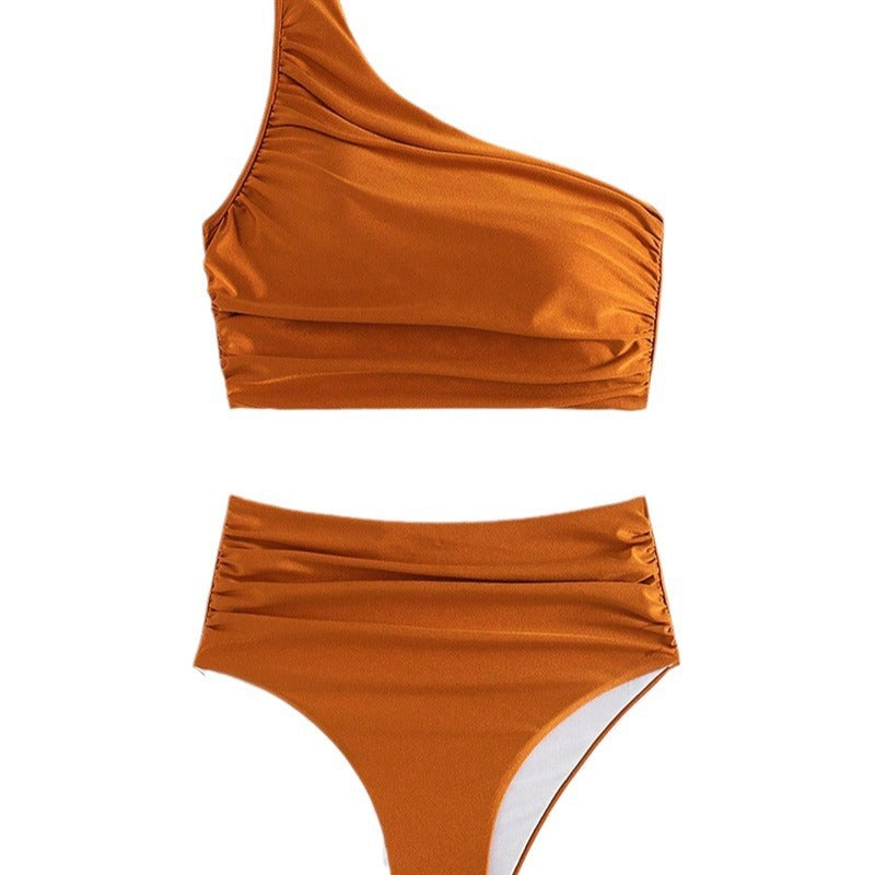 ROVIKNA 2025 new solid color pleated split swimsuit female sexy one shoulder beautiful back bikini bikini