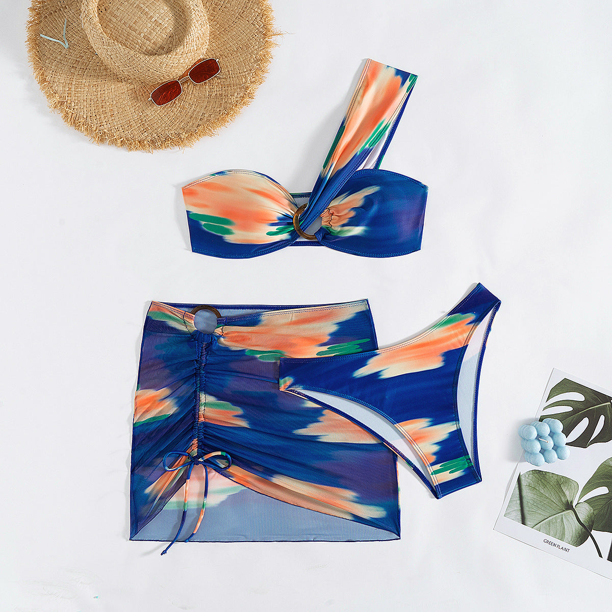 ROVIKNA 2025 new printed mesh skirt bikini three-piece sexy shoulder tube top swimsuit bikini
