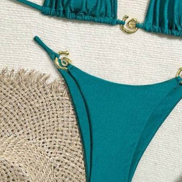 ROVIKNA 2025 new bikini metal ring fine flash premium sexy split bikini solid color swimsuit