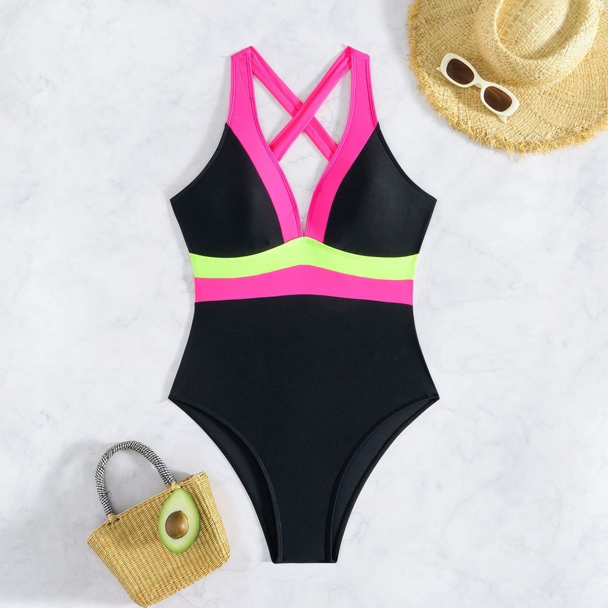 ROVIKNA's 2025 new waist bikini v-neck halter one-piece swimsuit