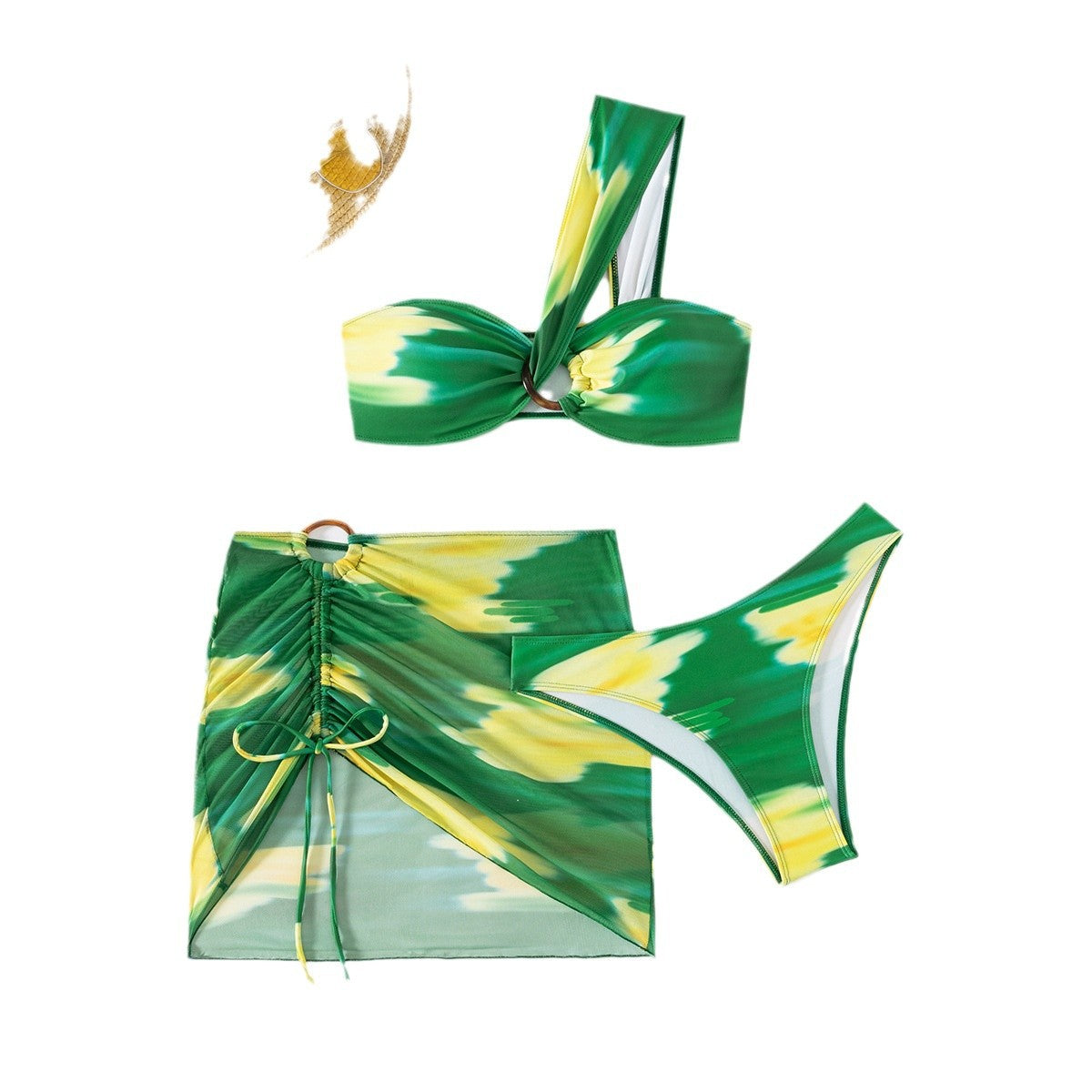 ROVIKNA 2025 new printed mesh skirt bikini three-piece sexy shoulder tube top swimsuit bikini