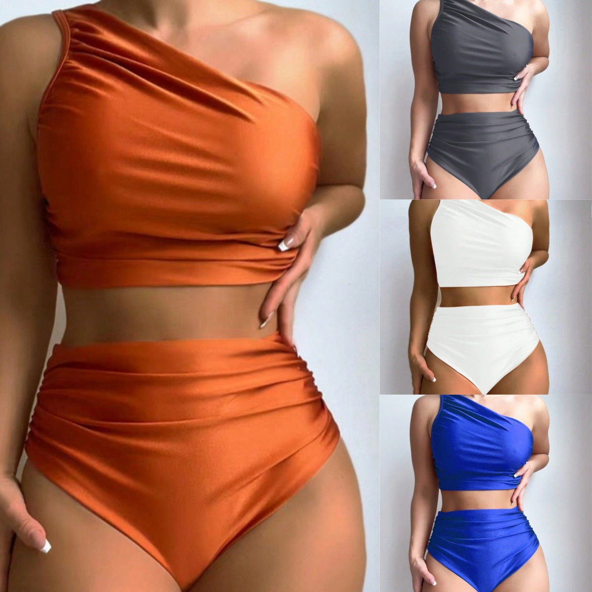 ROVIKNA 2025 new solid color pleated split swimsuit female sexy one shoulder beautiful back bikini bikini