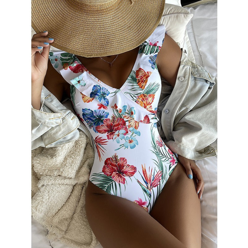 Fashion Printed Swimsuit Women's One-Piece Swimsuit Ruffle Leaf Beachwear