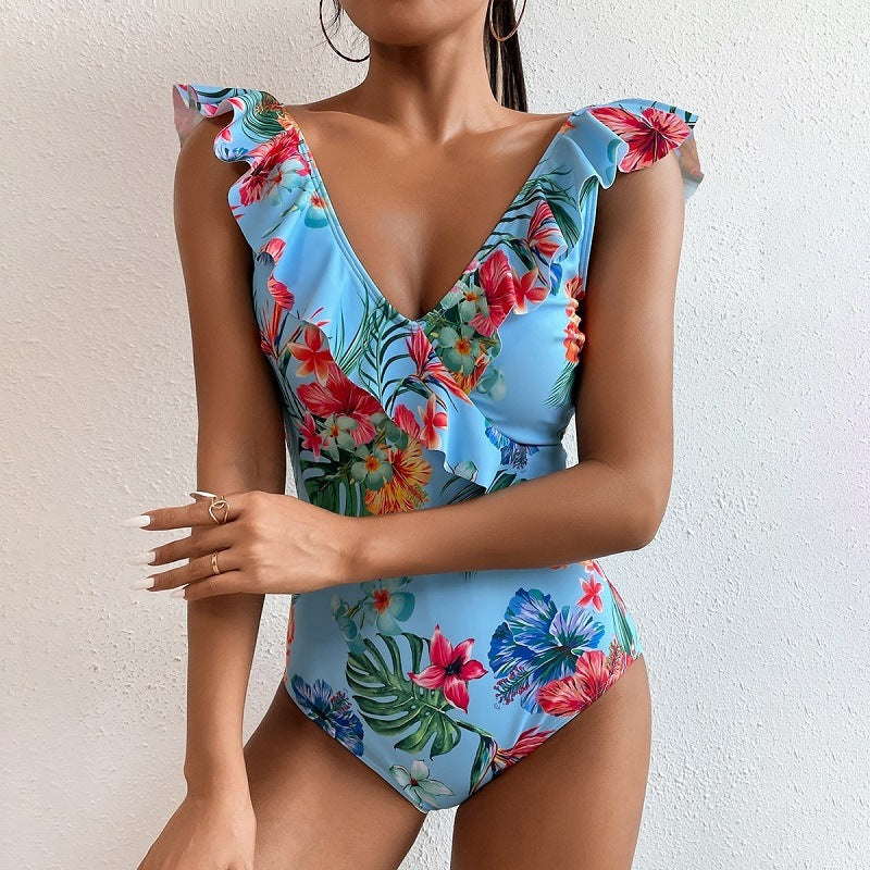 Fashion Printed Swimsuit Women's One-Piece Swimsuit Ruffle Leaf Beachwear