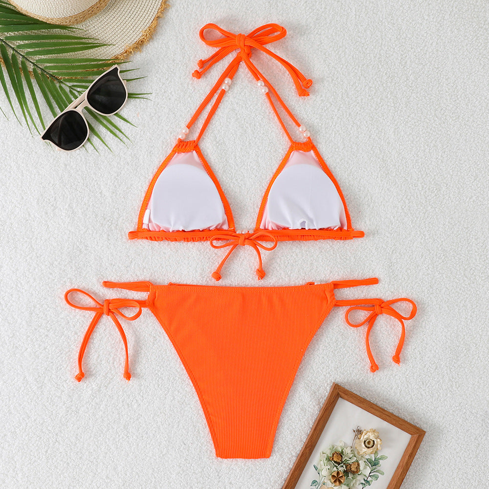Rovikna Women's Pearl Accented Halter Bikini Set
