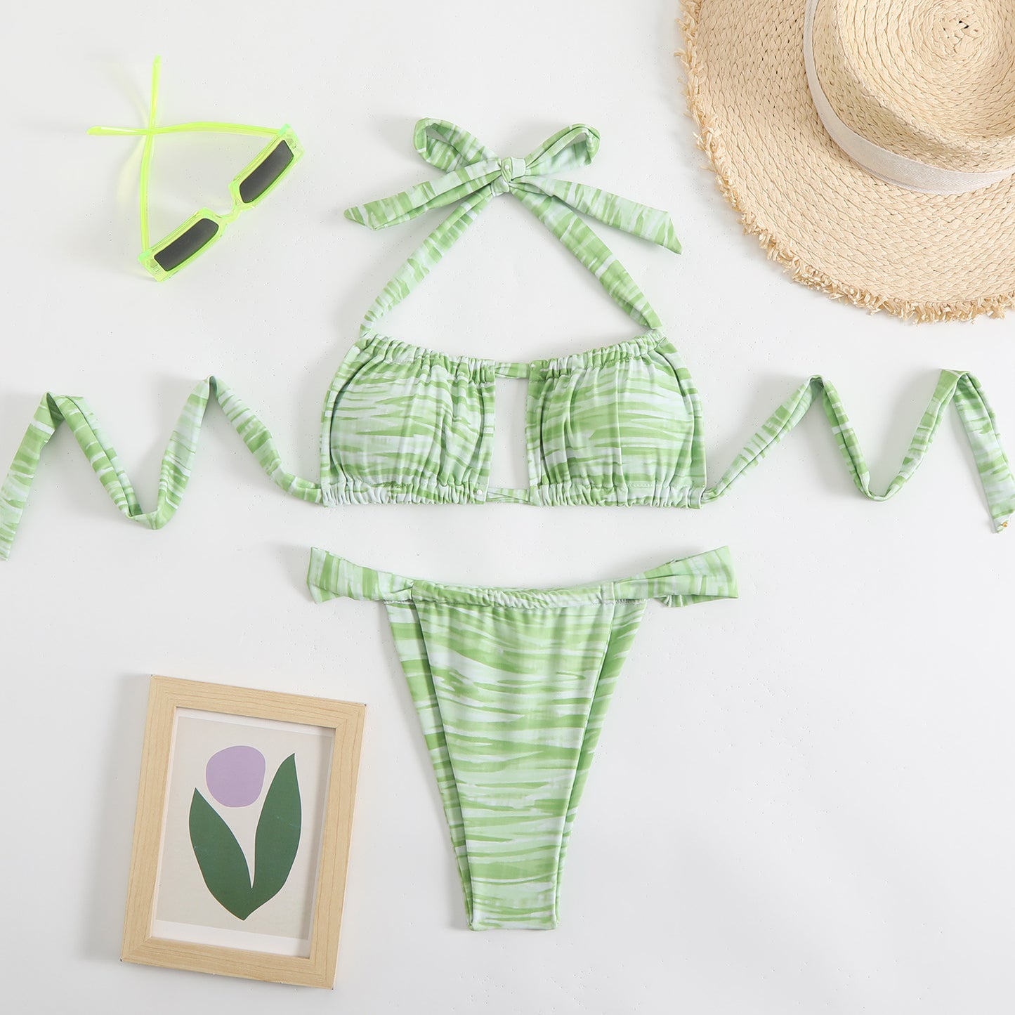 Split print neck double-sided bikini swimsuit