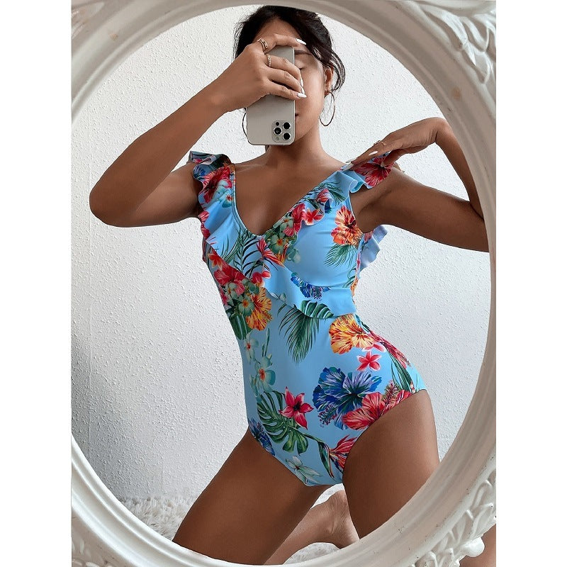 Fashion Printed Swimsuit Women's One-Piece Swimsuit Ruffle Leaf Beachwear