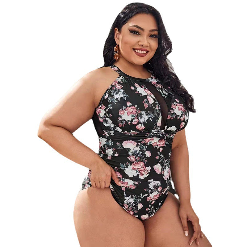 ROVIKNA Plus Size Floral Print Halterneck Swimsuit with Padded Cups
