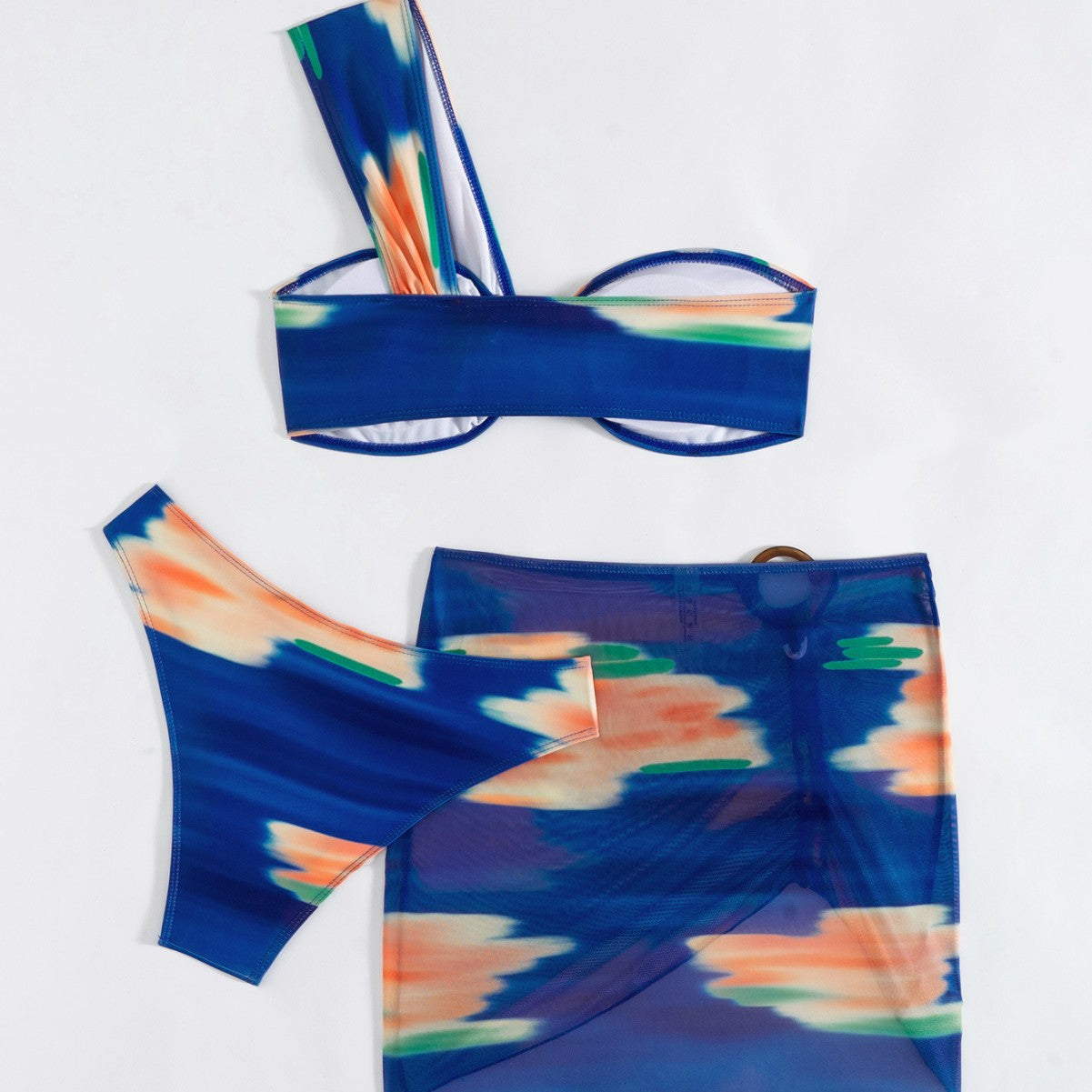 ROVIKNA 2025 new printed mesh skirt bikini three-piece sexy shoulder tube top swimsuit bikini