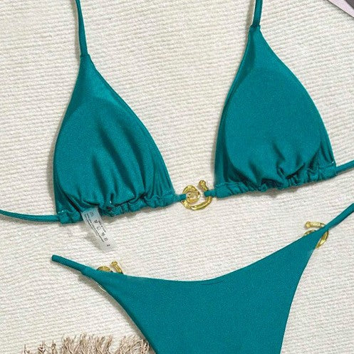 ROVIKNA 2025 new bikini metal ring fine flash premium sexy split bikini solid color swimsuit