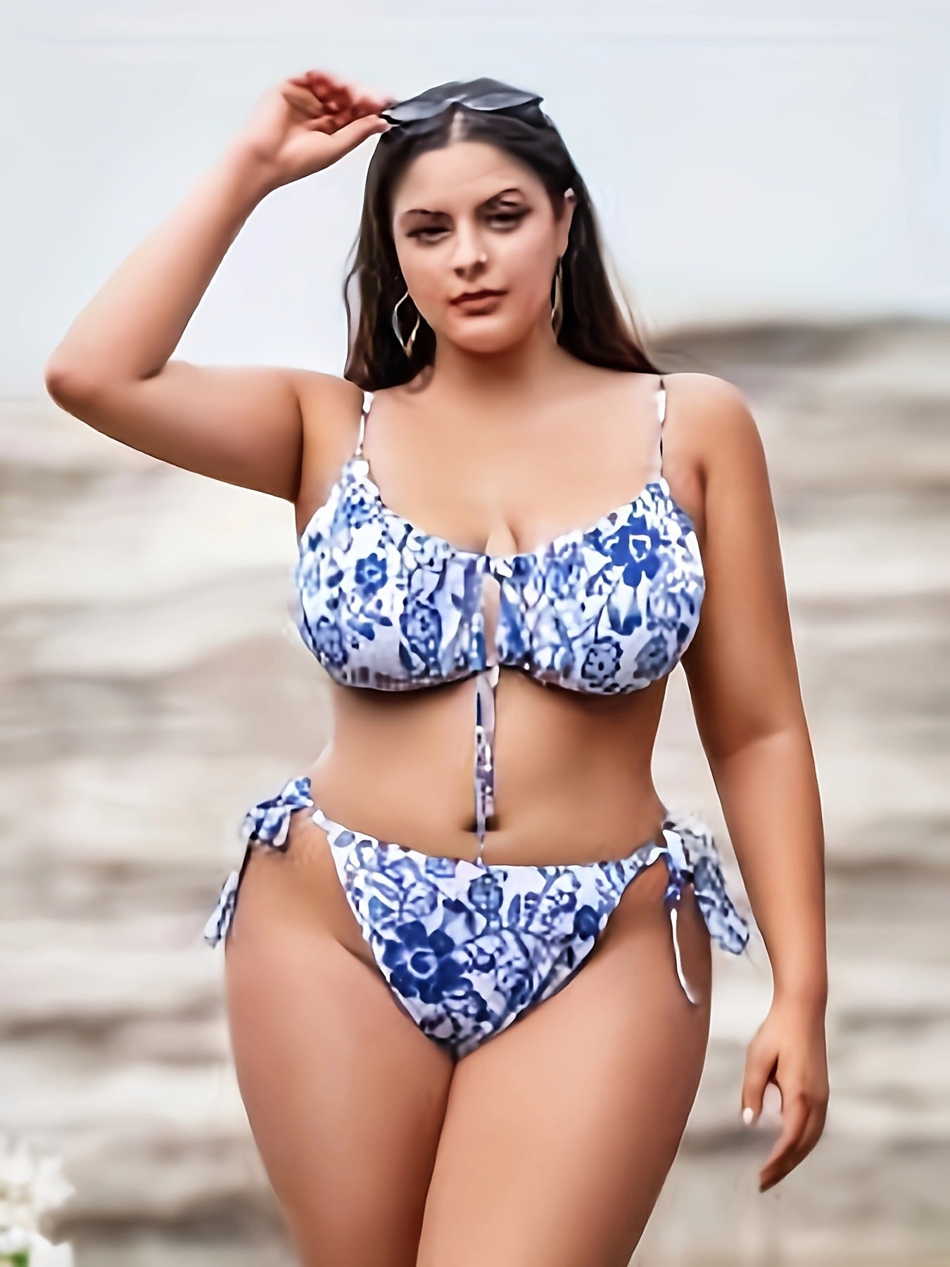 Rovikna Plus Size Floral Print Bikini Set - Adjustable Halter Top & Bottoms