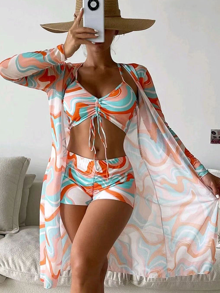 Rovikna 2025 new bikini three-piece digital printing overalls swimsuit Women's Floral Print Three-Piece Swimsuit Set with Cover-Up