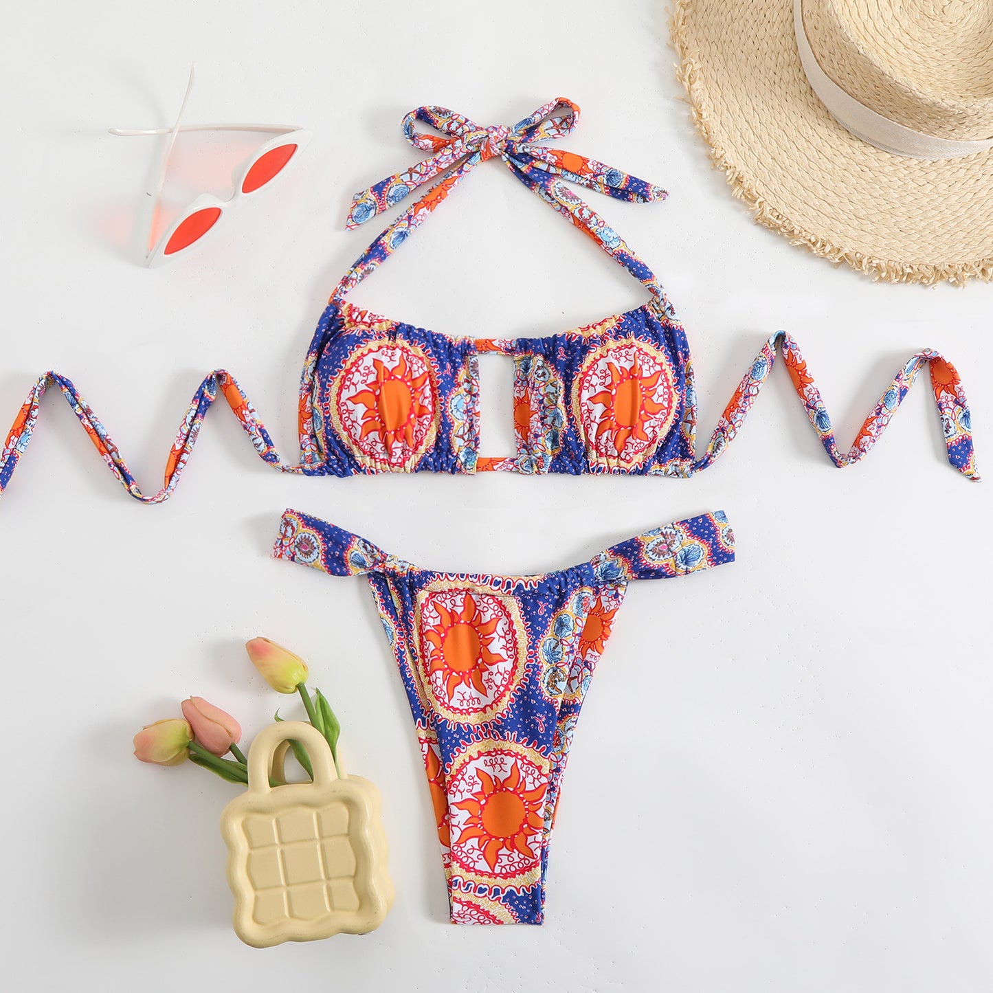 Split print neck double-sided bikini swimsuit