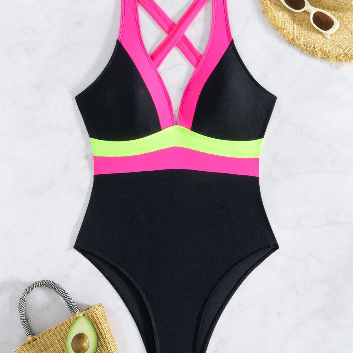 ROVIKNA's 2025 new waist bikini v-neck halter one-piece swimsuit