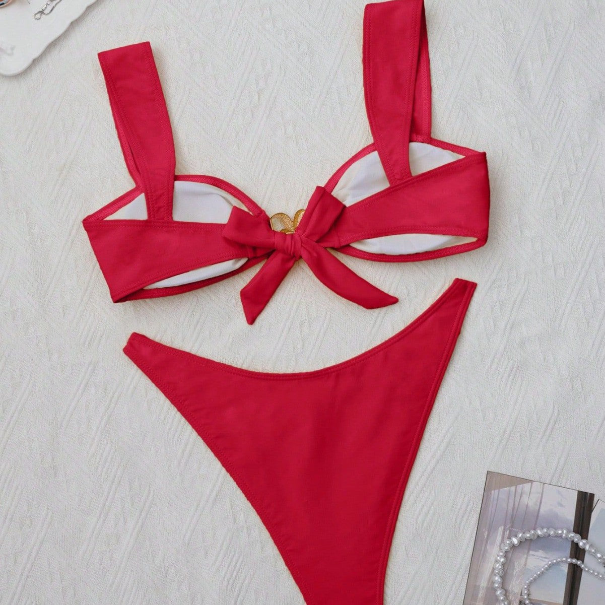 ROVIKNA 2025 new swimsuit women's metal decorative bikini swimsuit solid color wide shoulder strap sexy split swimsuit