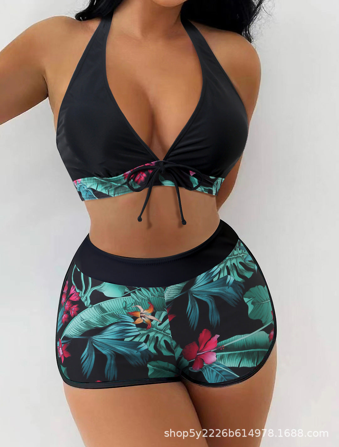 Rovikna Tropical Print Swimsuit - Tie-Front Bikini Set