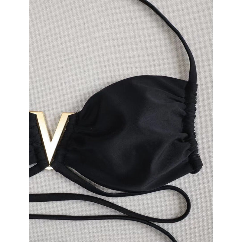 Women's Chic Black Bikini Set with Sarong