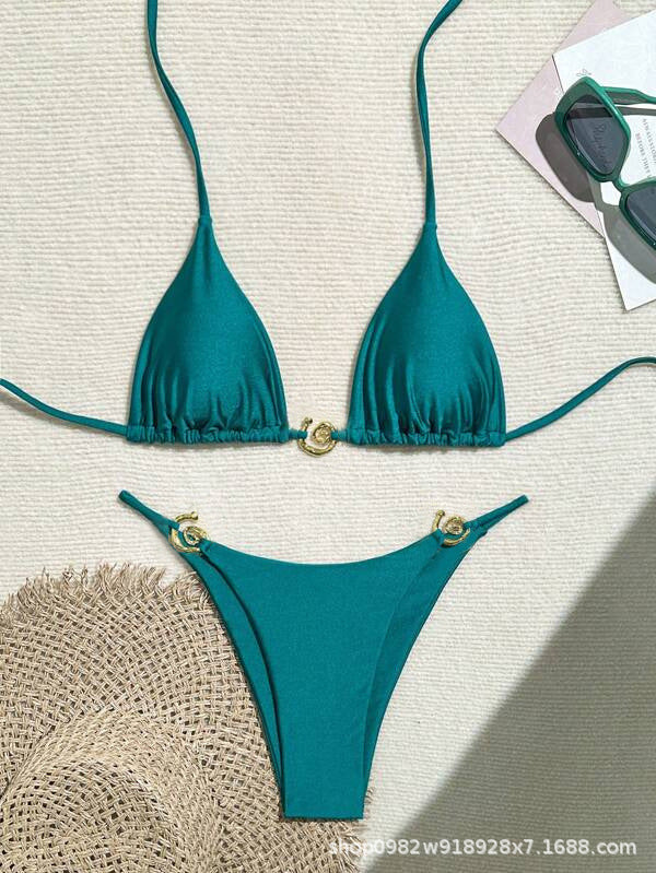 ROVIKNA 2025 new bikini metal ring fine flash premium sexy split bikini solid color swimsuit