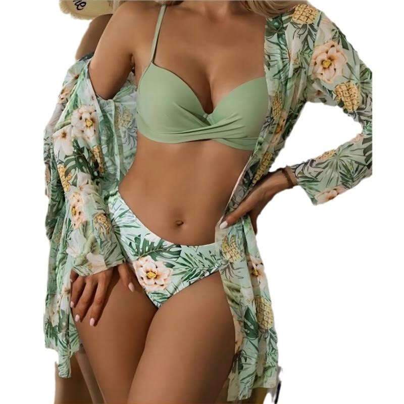 Rovikna Women's Floral Print Three-Piece Bikini Set with Cover-Up