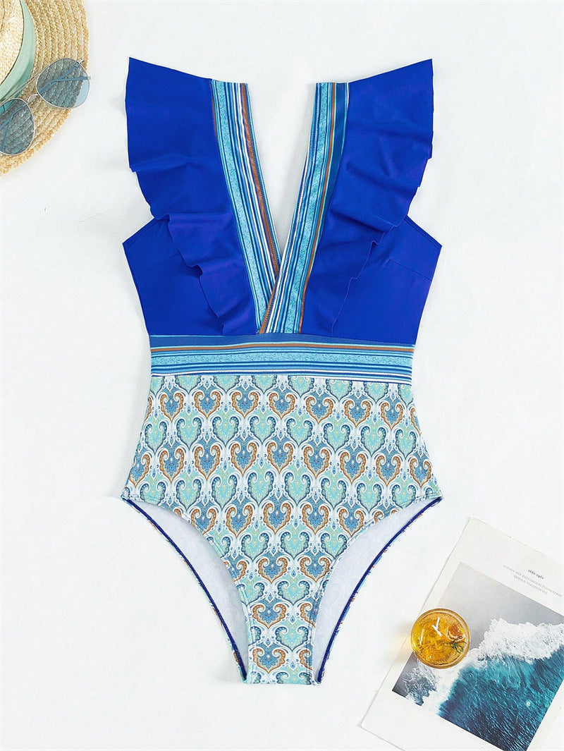 ROVIKNA 2025 new one-piece swimsuit women, sexy V-neck ruffle edge backless bikini swimsuit