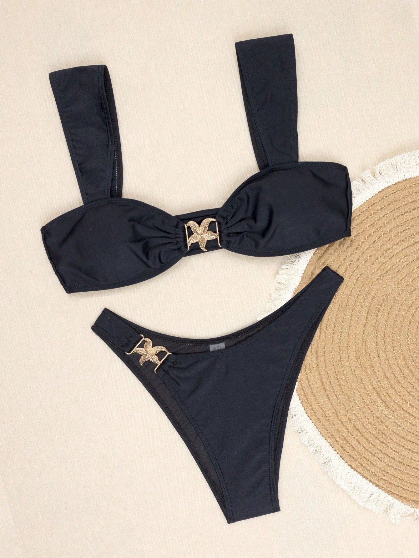 ROVIKNA 2025 new swimsuit women's metal decorative bikini swimsuit solid color wide shoulder strap sexy split swimsuit