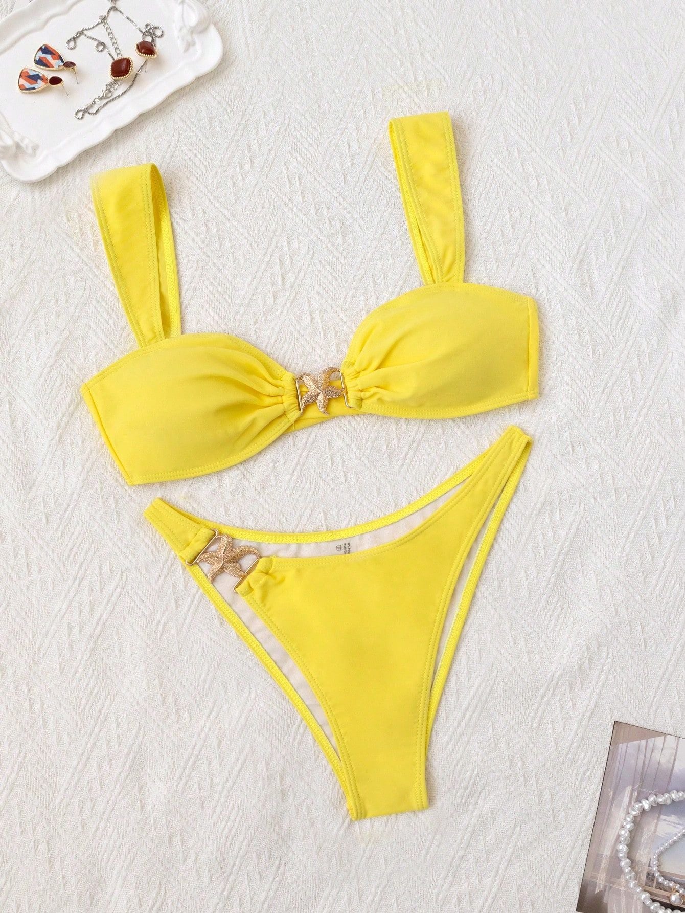 ROVIKNA 2025 new swimsuit women's metal decorative bikini swimsuit solid color wide shoulder strap sexy split swimsuit
