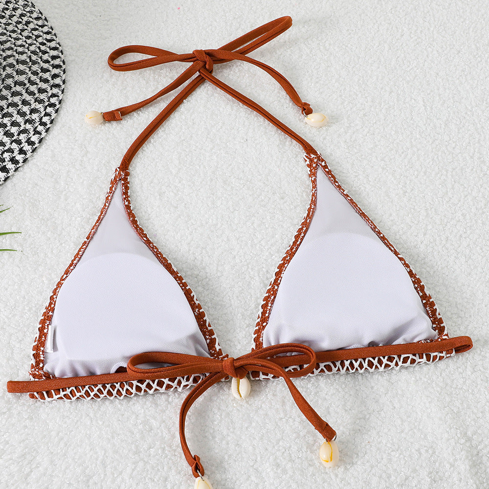 ROVIKNA 2025 new mesh sexy strap bikini split women's swimsuit neck shell decoration